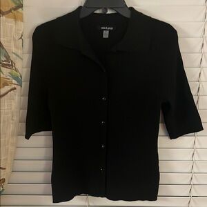 CABLE & GAUGE Women's RIBBED SYRETCH Black SHORT SLEEVE -CARDIGAN SWEATER LG